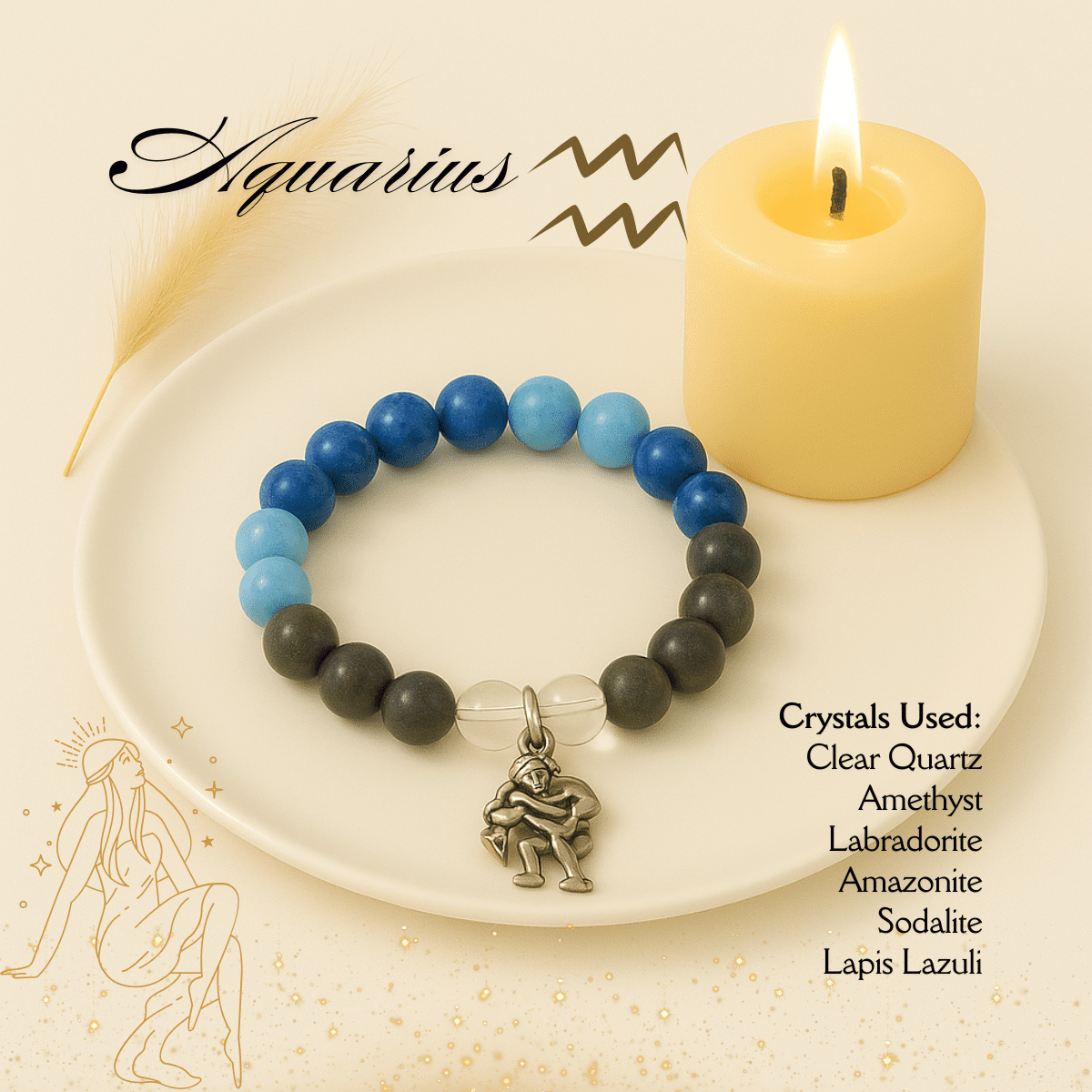 Aquarius Zodiac Crystal Bracelet – Intuition, Freedom & Higher Insight spiritual healing bracelet tarot numerology soulmate guidance - Soulmate Tarot