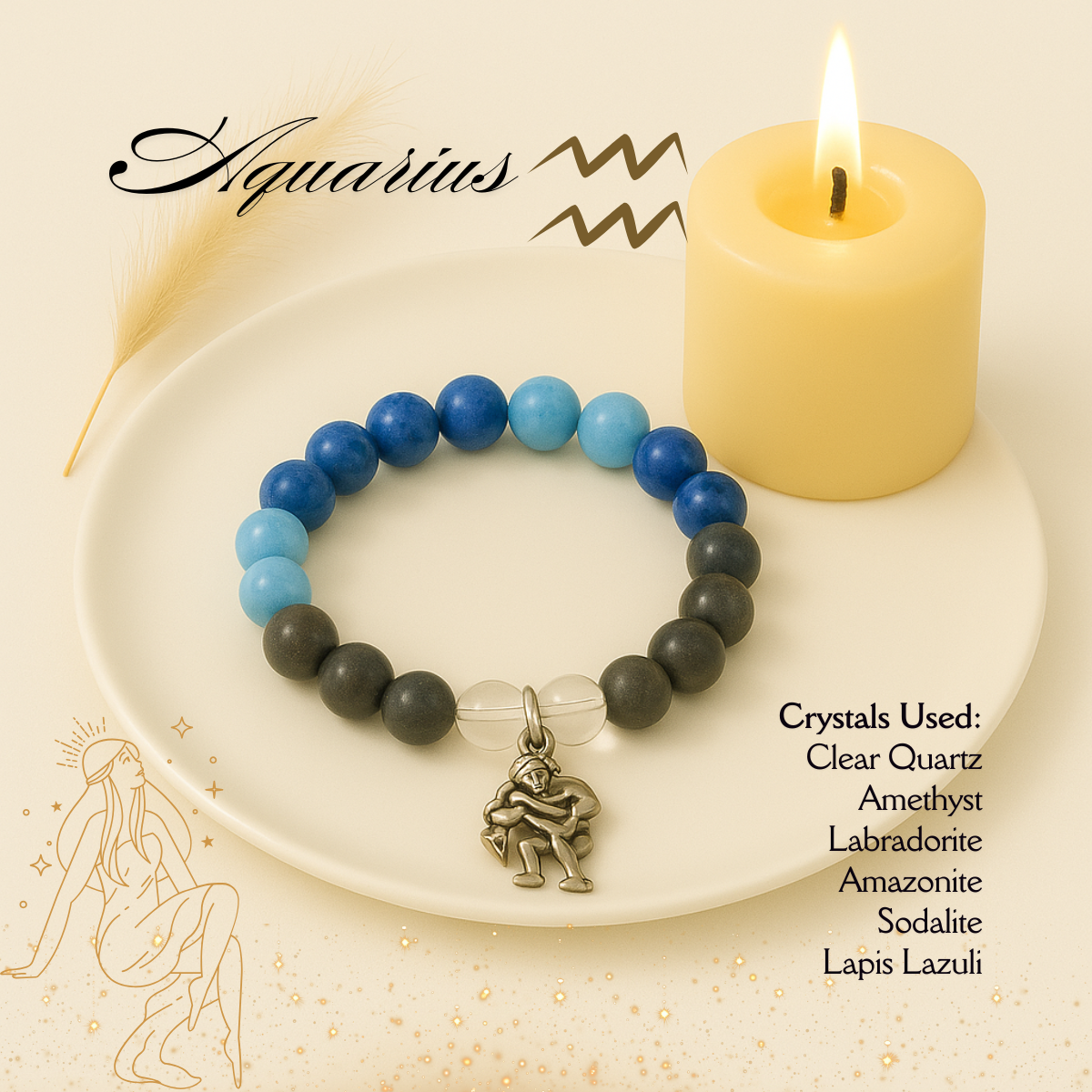 Aquarius Zodiac Crystal Bracelet – Intuition, Freedom & Higher Insight