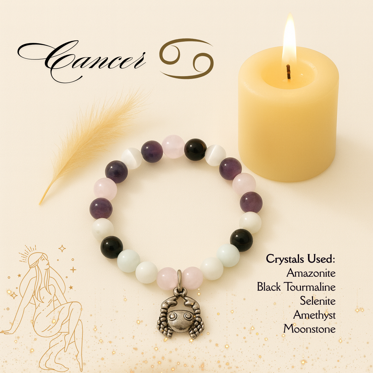Cancer Zodiac Crystal Bracelet – Emotional Healing, Protection &amp; Intuition