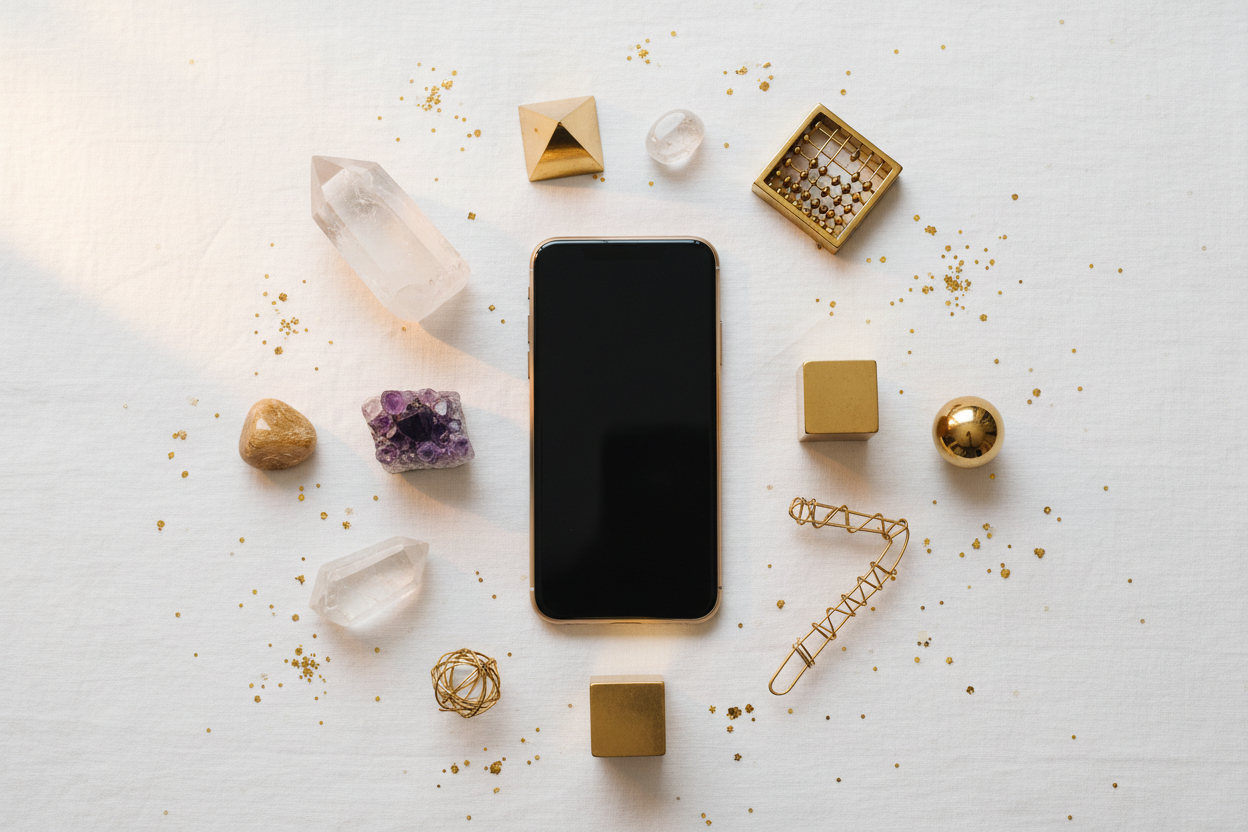 A clean, modern spiritual flat-lay with a smartphone, crystals, golden elements, warm soft lighting, beige or white background, numerology theme, minimal aesthetic, no text in the image.