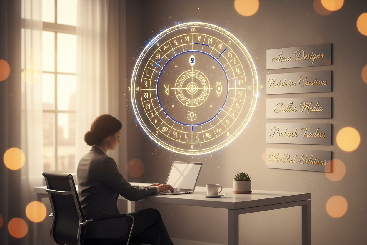A modern business setting with a person working on a laptop, soft golden light, a glowing numerology chart in the background, and multiple business name examples written such as “Aura Designs, Nakshatra Creations, Stellar Media, Prakash Traders, BluePeak Solutions”. A clean, spiritual, professional vibe with a blend of Indian and Western business names. No actual people’s faces clear — semi-blurred, aesthetic, warm tone.