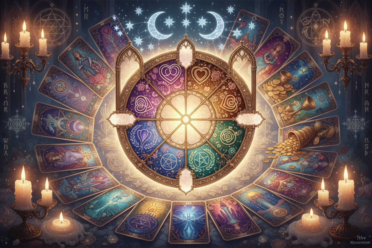 A mystical tarot-themed image with a glowing 12-month wheel, tarot cards, spiritual symbols, soft candlelight, and sections representing love, money, work, and personal growth. A premium, magical, intuitive aesthetic.