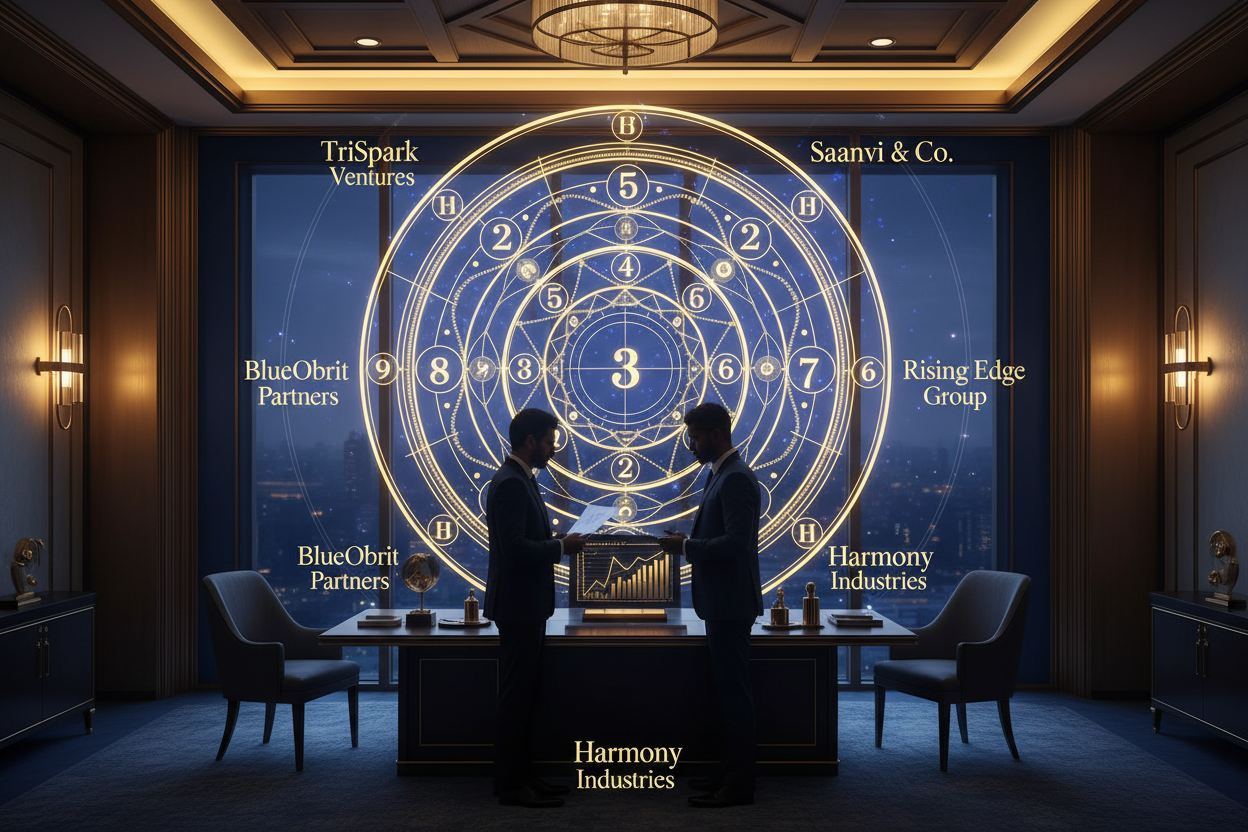 A professional corporate setting with two or more blurred silhouettes of business partners reviewing documents. A glowing numerology chart appears in the background, with several business name examples written such as “TriSpark Ventures, Saanvi & Co., BlueOrbit Partners, Rising Edge Group, Harmony Industries”. A spiritual-professional aesthetic with gold accents, representing partnership alignment.