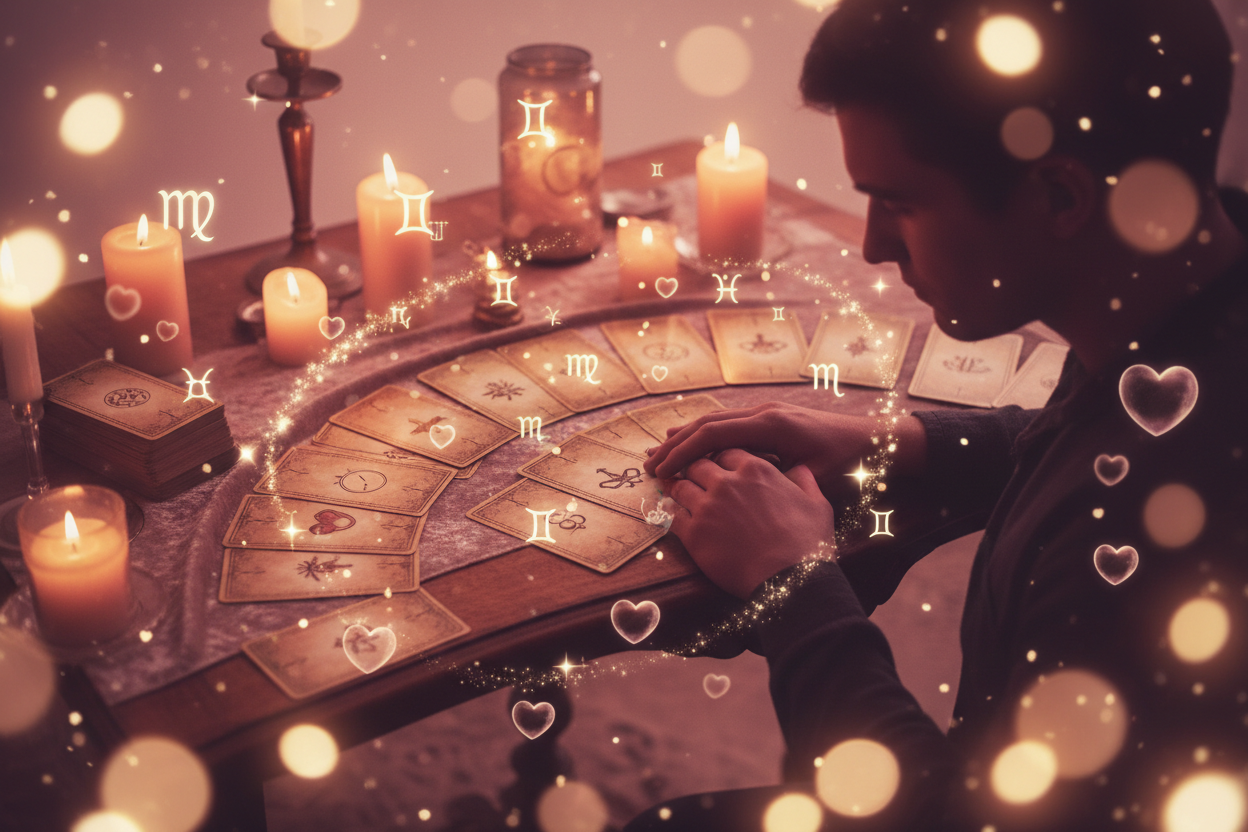 A romantic spiritual-themed image showing a couple silhouette or two hands touching with soft candlelight, a glowing tarot spread behind them, and 12-month symbols or hearts floating subtly. Warm pink/gold tones, dreamy aesthetic, gentle love energy, no text overlay.
