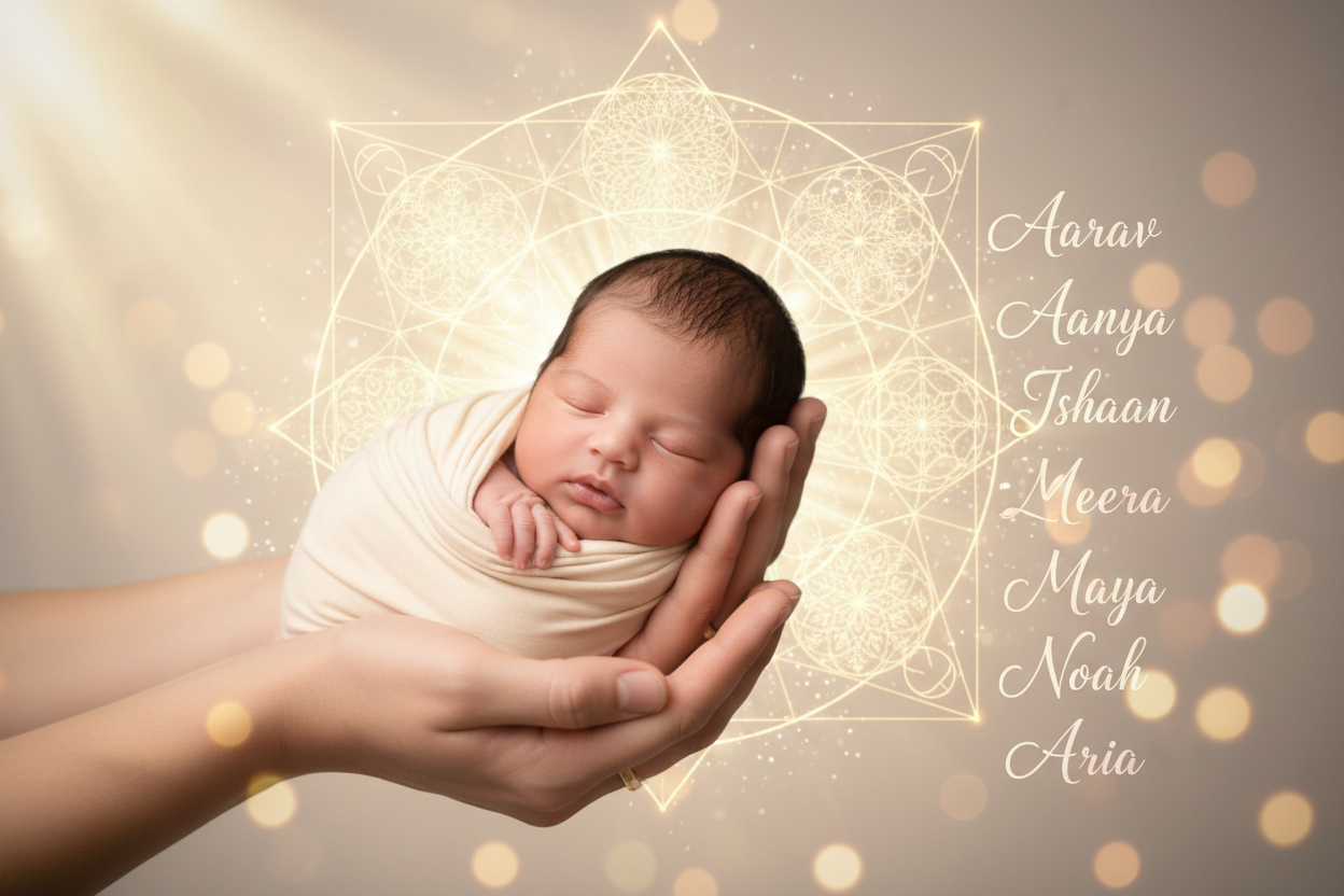 A soft, warm, spiritual themed image showing a newborn baby gently held by the parents’ hands, symbolizing love, protection, and blessing. A glowing numerology chart and soft golden light appear in the background. On the side, multiple baby name examples are written in elegant script — Indian and Western names such as “Aarav, Aanya, Ishaan, Meera, Liam, Maya, Noah, Aria”. The scene looks divine, peaceful, and pure, with neutral pastel tones, soft focus, and a spiritual energy vibe. No text overlays on the b