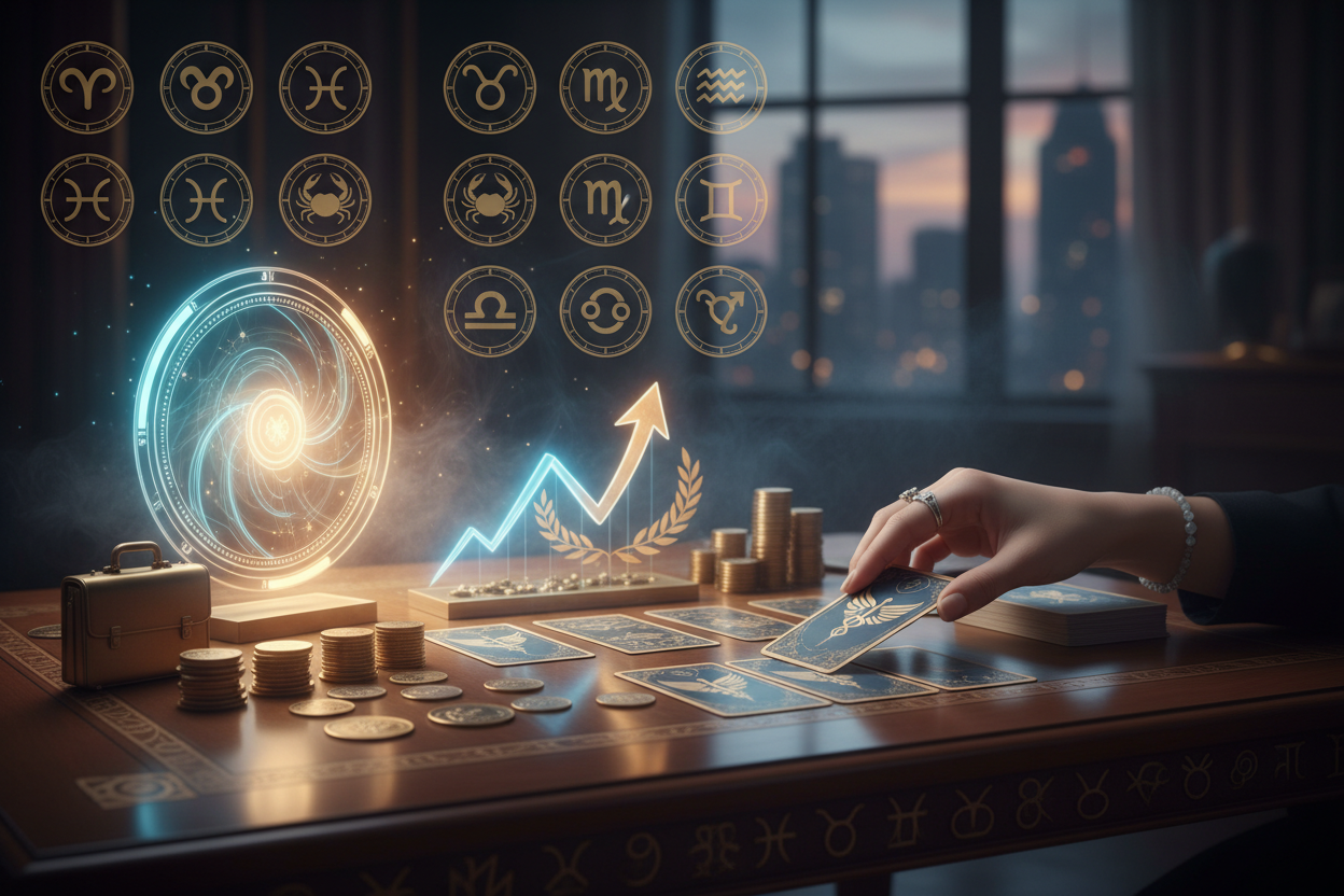 A spiritual business-themed image with tarot cards, a desk, a glowing energy chart, coins & career symbols, a person’s hand pulling a card. Warm gold/blue tones, 12-month symbols subtly in the background.
