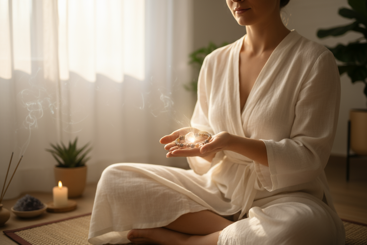 A woman is sitting holding bracelet in her palm and setting the good intention in the bracelet