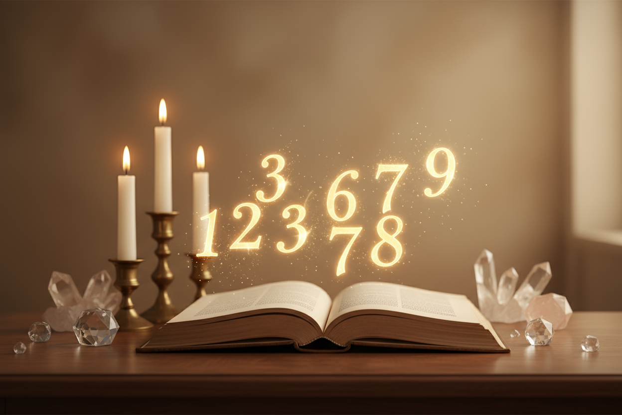 Elegant numerology reading concept — glowing numbers 1 to 9 floating above an open book, candles and crystals in the background, soft golden lighting, gentle magical atmosphere, minimal design for website banner