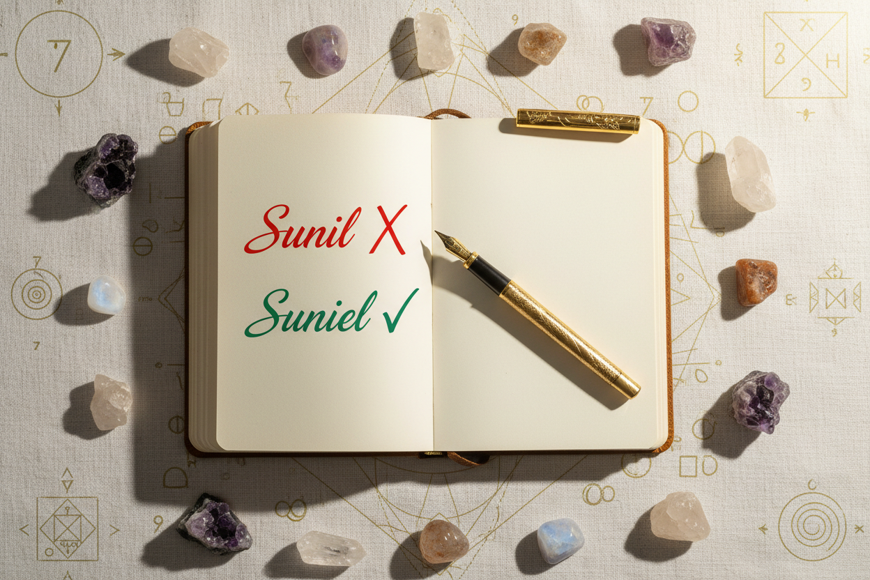 I want you to place a gold pen on the open diary on which "Sunil" is written in red color with red cross mark aside it and below that "suniel" is written in green color with green right mark just next to the name