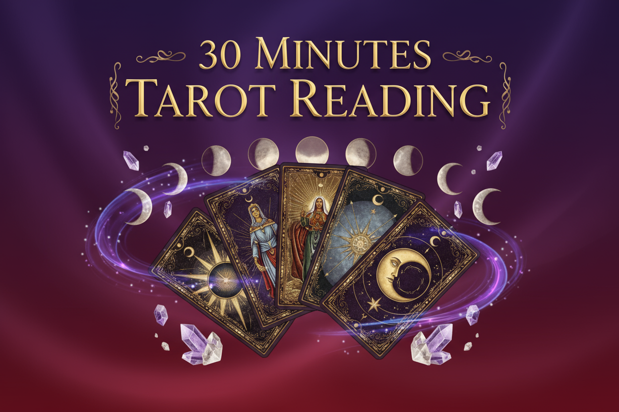 Write The Text In Image in main title as"30 Minutes Tarot Reading" written on red and purple gradient background. Text should be written in a very professional classy way with professional elements used. Also, show tarot cards elements below the text.