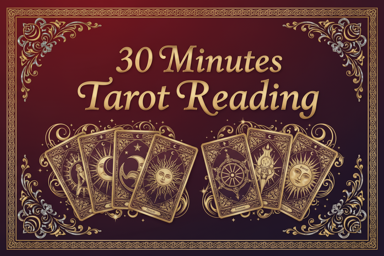 Write The Text In Image in main title as"30 Minutes Tarot Reading" written on red and purple gradient background. Text should be written in a very professional classy way with professional elementslike borders used. Also, show tarot cards elements below the text.
