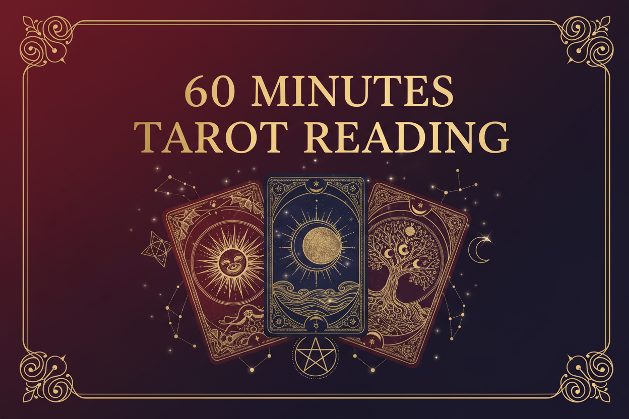 Write The Text In Image in main title as"60 Minutes Tarot Reading" written on red and purple gradient background. Text should be written in a very professional classy way with professional elements used. Also, show tarot cards elements below the text.