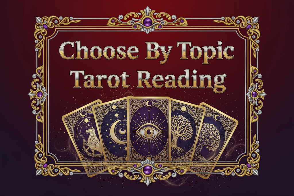 Write The Text In Image in main title as"Choose ByTopic Tarot Reading" written on red and purple gradient background. Text should be written in a very professional classy way with professional elements like borders used. Also, show tarot cards elements below the text.