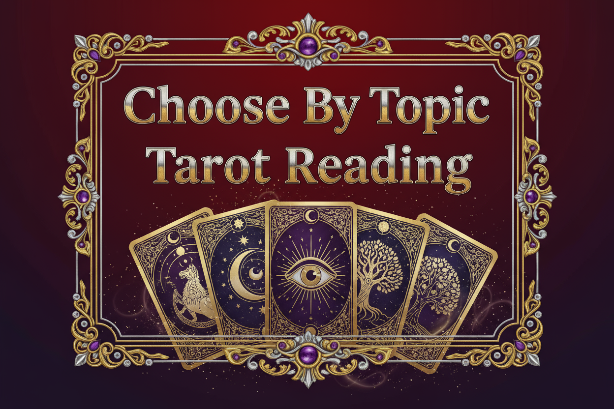 Write The Text In Image in main title as"Choose ByTopic Tarot Reading" written on red and purple gradient background. Text should be written in a very professional classy way with professional elements like borders used. Also, show tarot cards elements below the text.