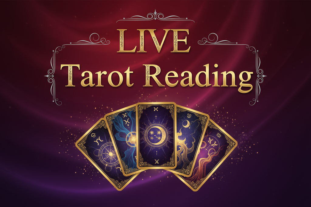 Write The Text In Image in main title as"LIVE Tarot Reading" written on red and purple gradient background. Text should be written in a very professional classy way with professional elements used. Also, show tarot cards elements below the text.