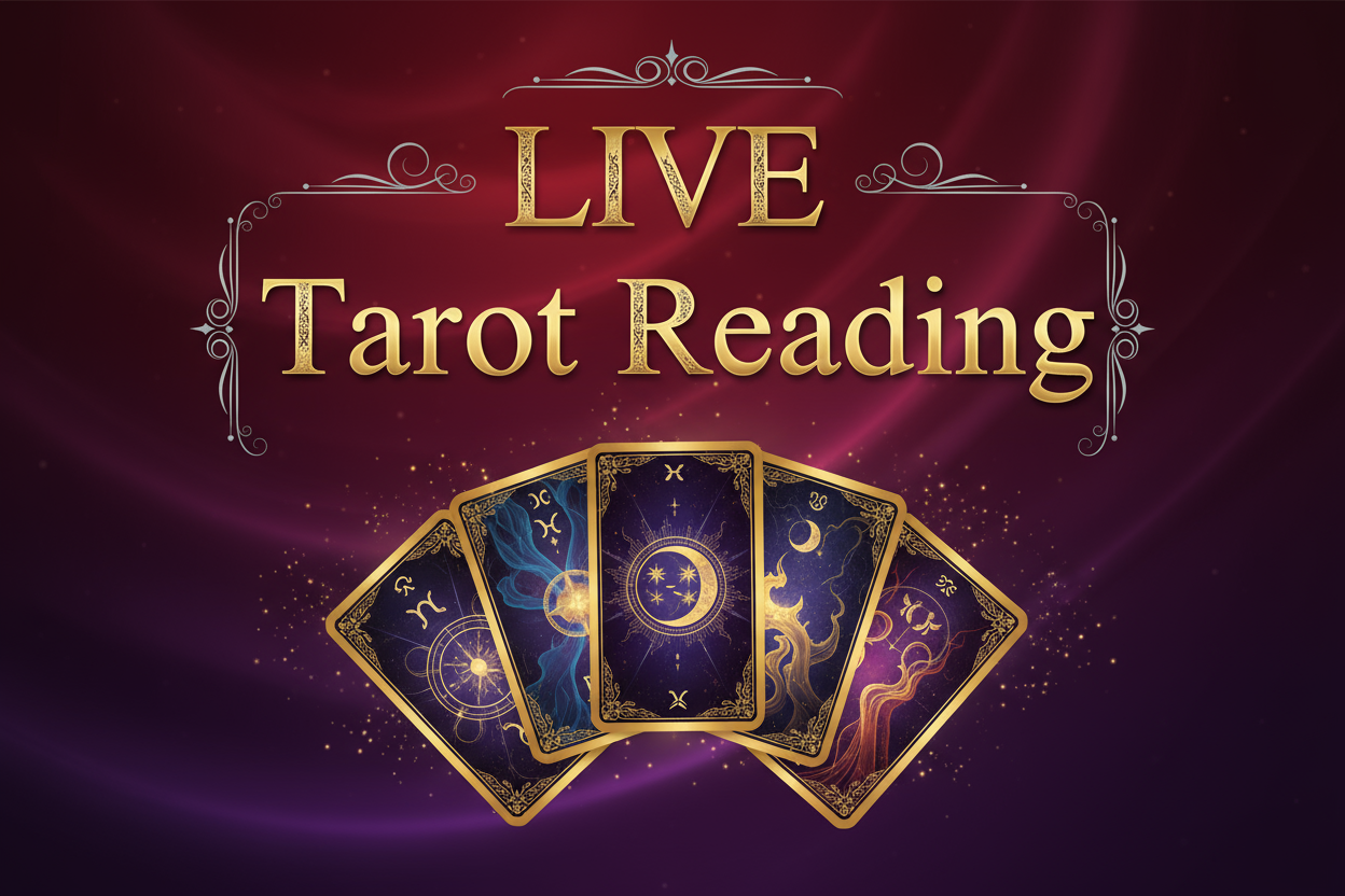 Write The Text In Image in main title as"LIVE Tarot Reading" written on red and purple gradient background. Text should be written in a very professional classy way with professional elements used. Also, show tarot cards elements below the text.