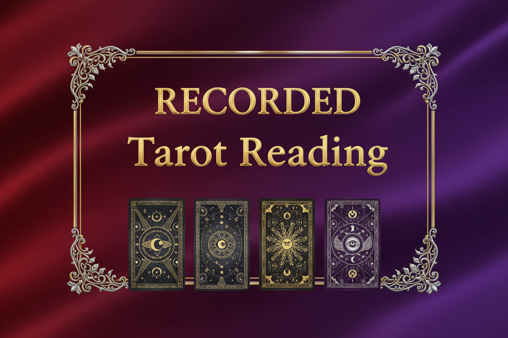 Write The Text In Image in main title as"RECORDED Tarot Reading" written on red and purple gradient background. Text should be written in a very professional classy way with professional elements LIKE BORDERS used. Also, show4  tarot cards elements below the text.